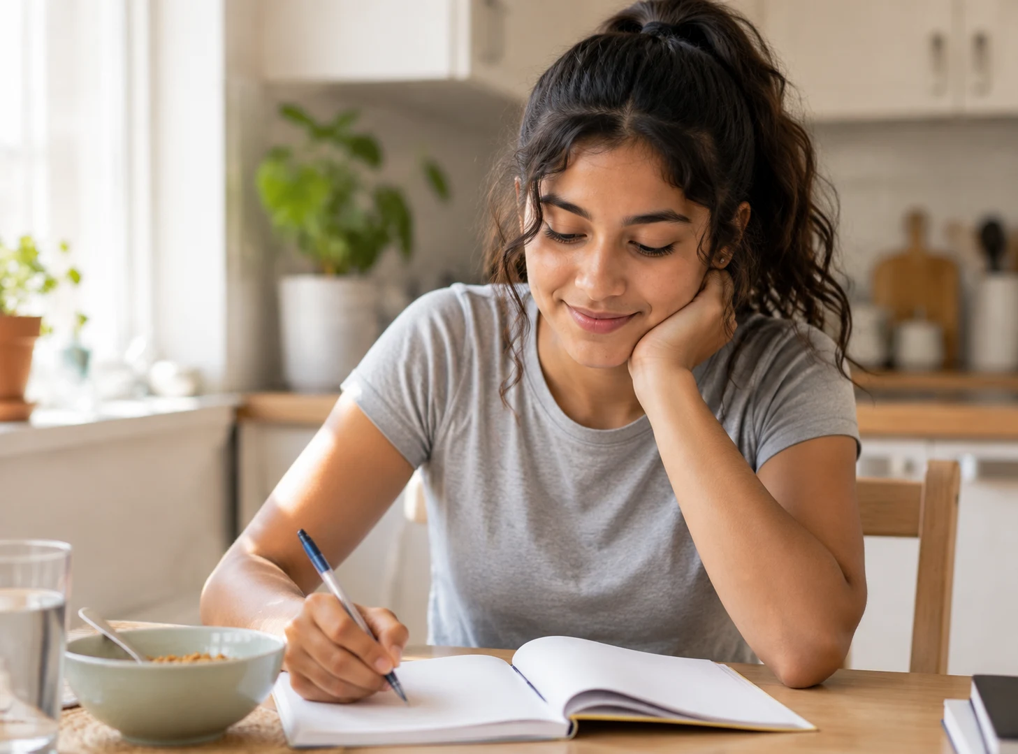 A student works at an ordinary kitchen table in warm early-morning light.