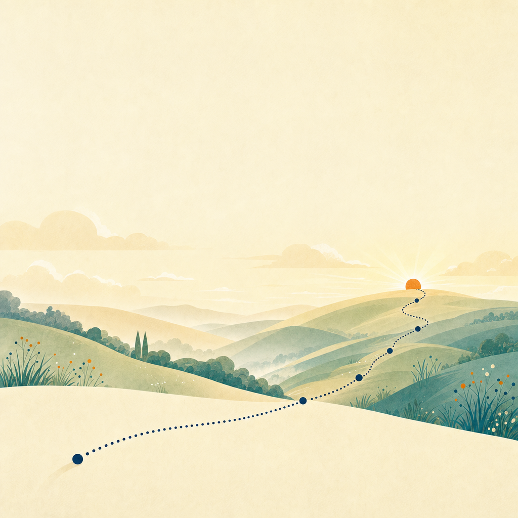 An illustrated sunrise over a path toward a summit — quality prep, open to everyone.