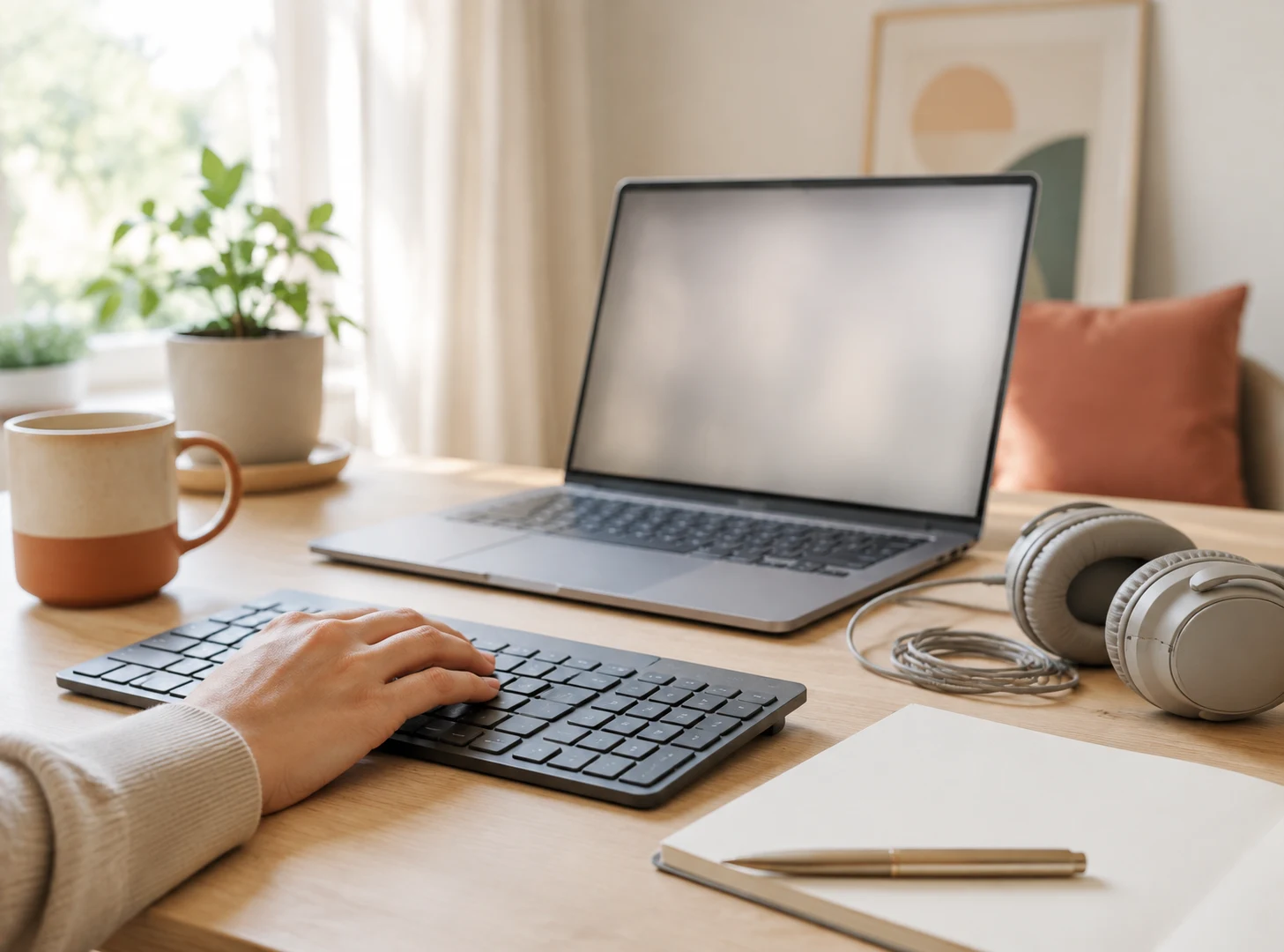 A calm, uncluttered desk with a keyboard, headphones and an open notebook in soft daylight.