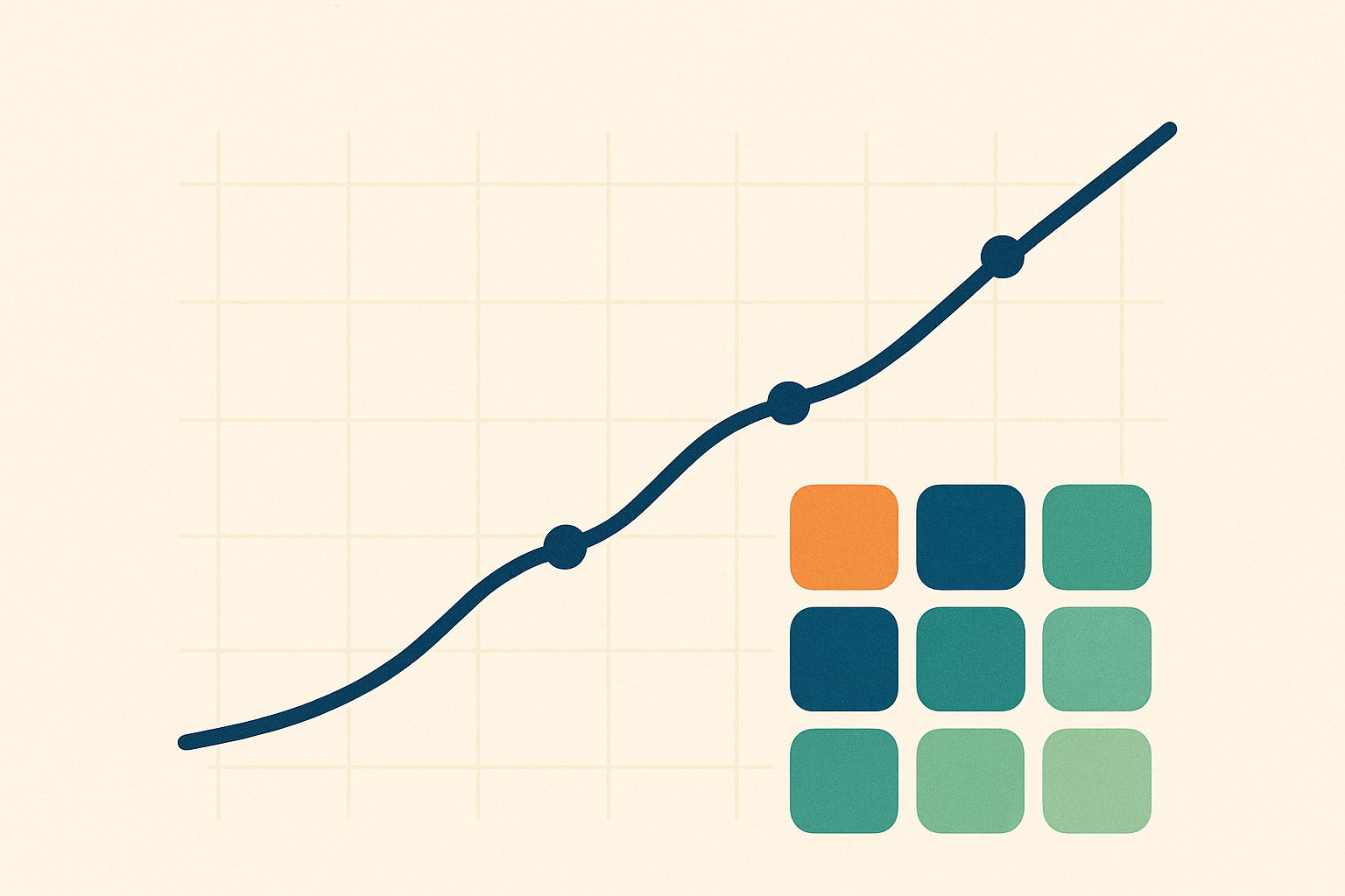 An abstract score trajectory rising past milestones beside a skill-mastery heatmap.