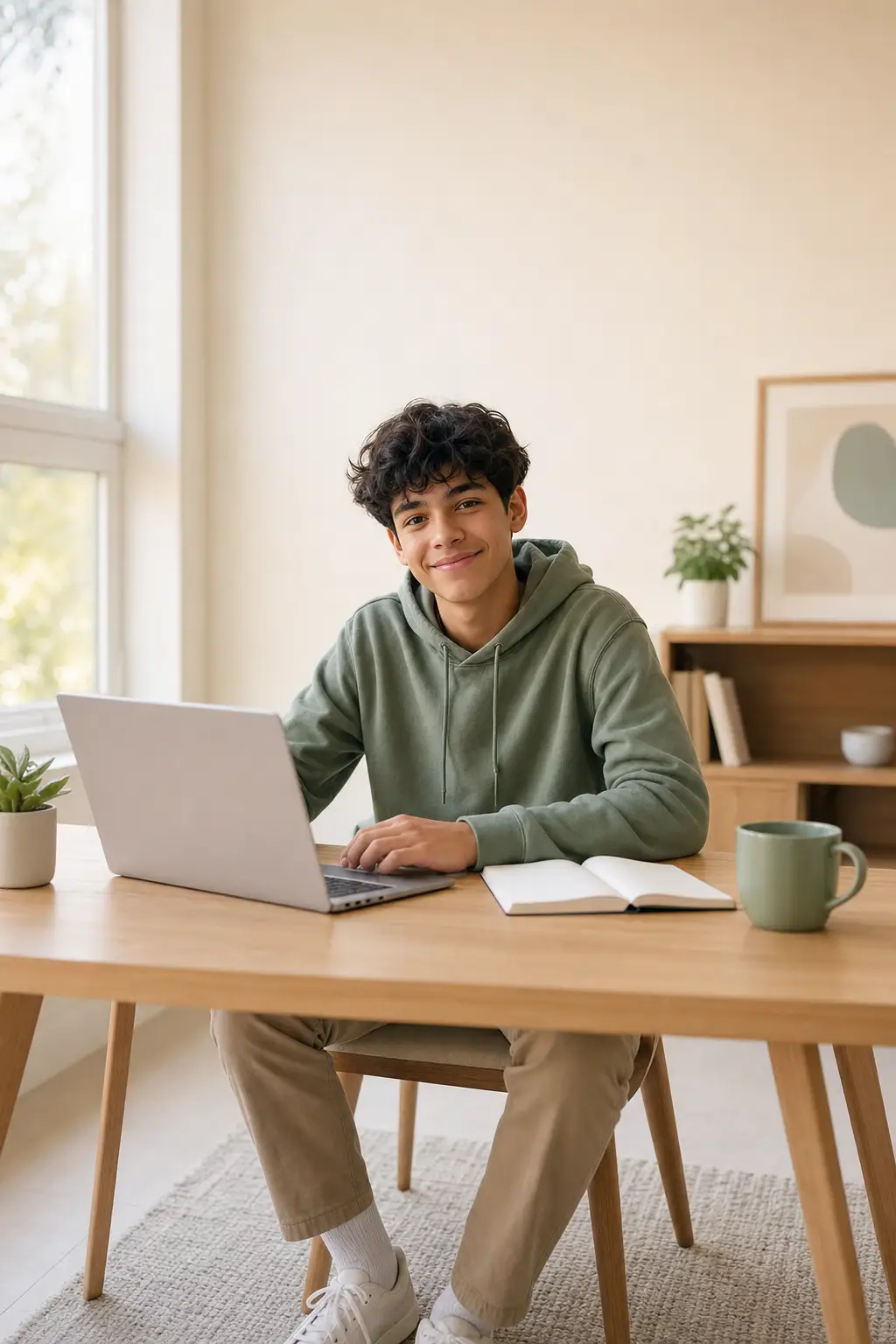 A student works through a problem at a warmly lit desk, notebook open beside a laptop.