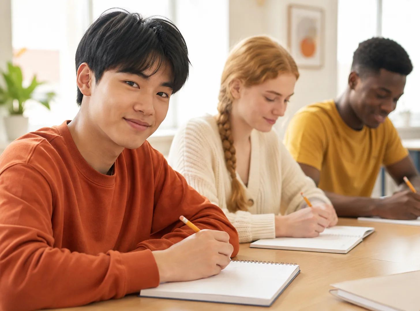 Teenagers work at desks in a bright, calm classroom; the nearest one looks up with a quiet smile.