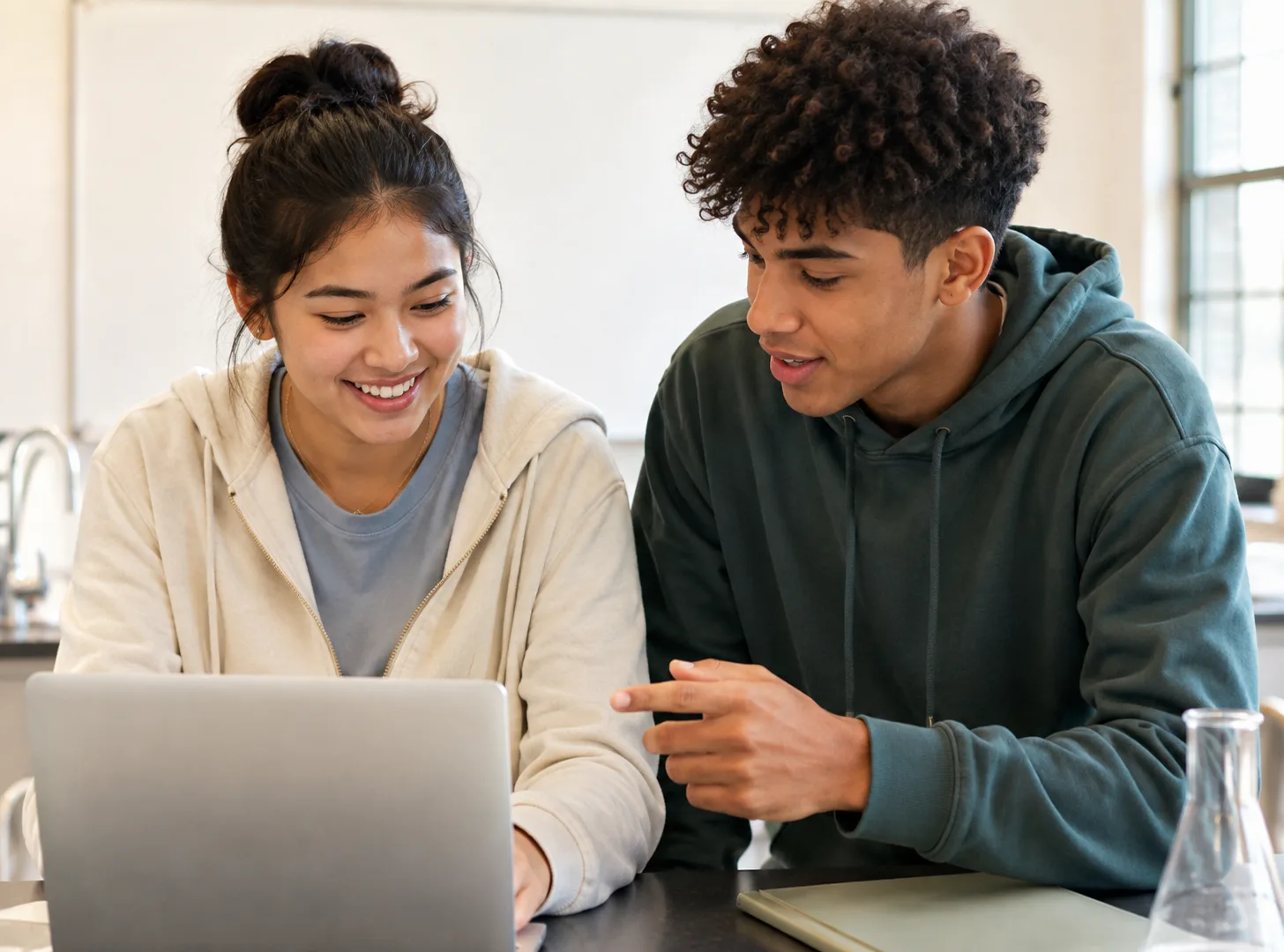 Two teenagers discuss their work at a bench beside a blank whiteboard in a bright science room.
