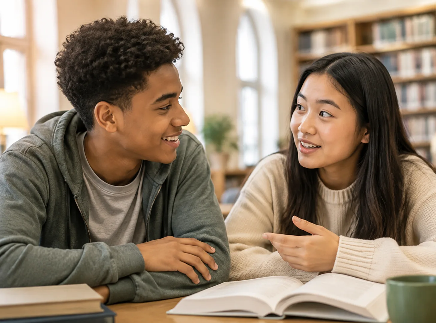 Two teenagers read and discuss an idea across a wooden table in a bright, traditional library.