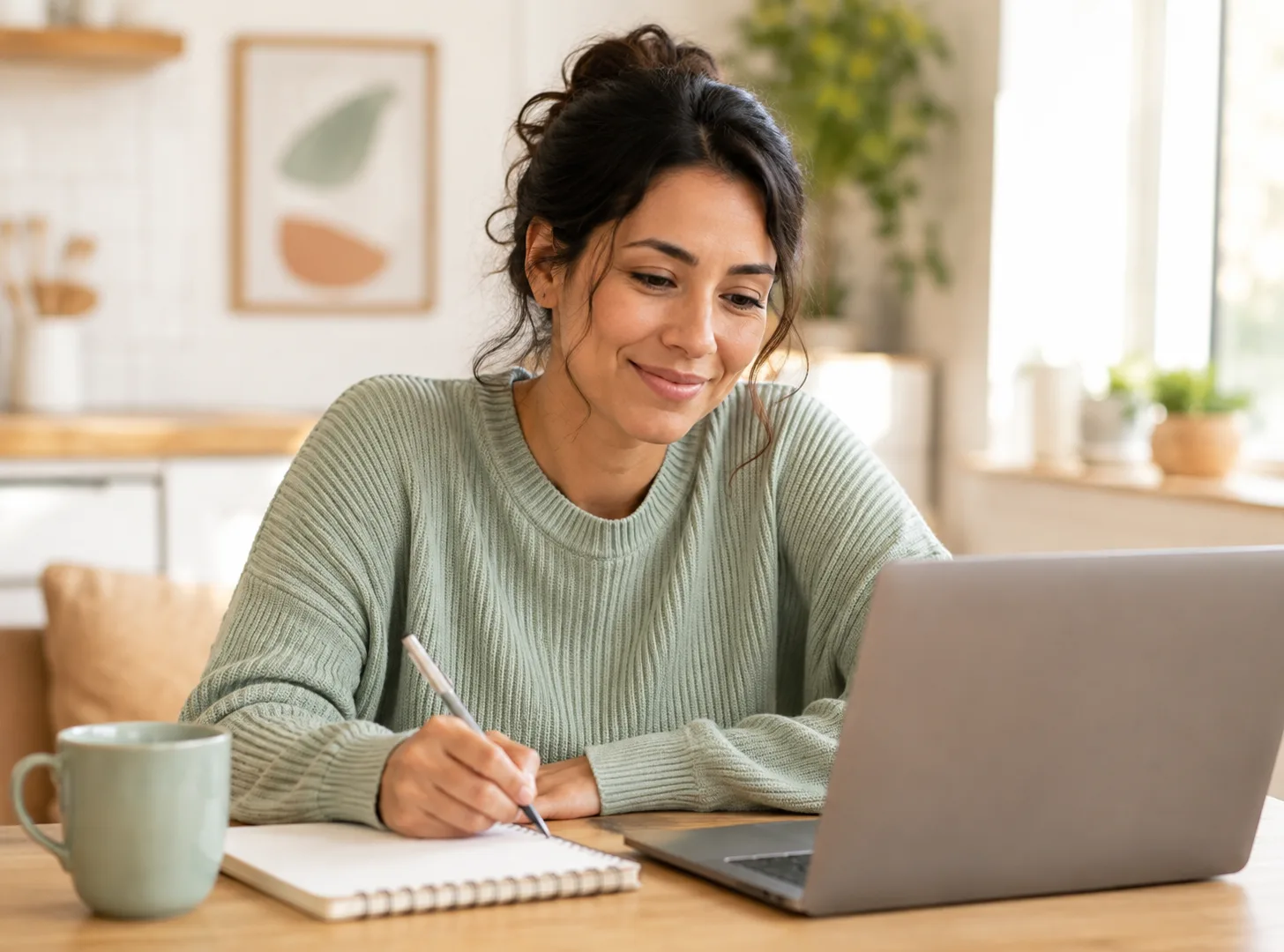 An adult learner pauses in thought at a bright kitchen table with a laptop and a blank notebook.