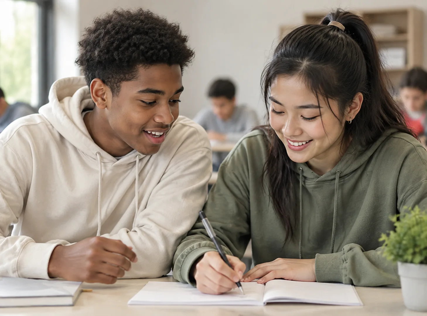 Two students work side by side at a bright school study-hall table, one encouraging the other.