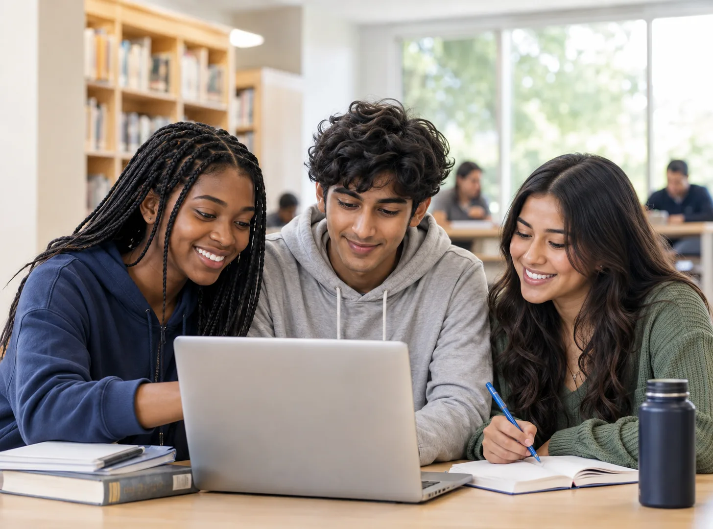 Three teenagers study together at a laptop on a long table in a bright library.