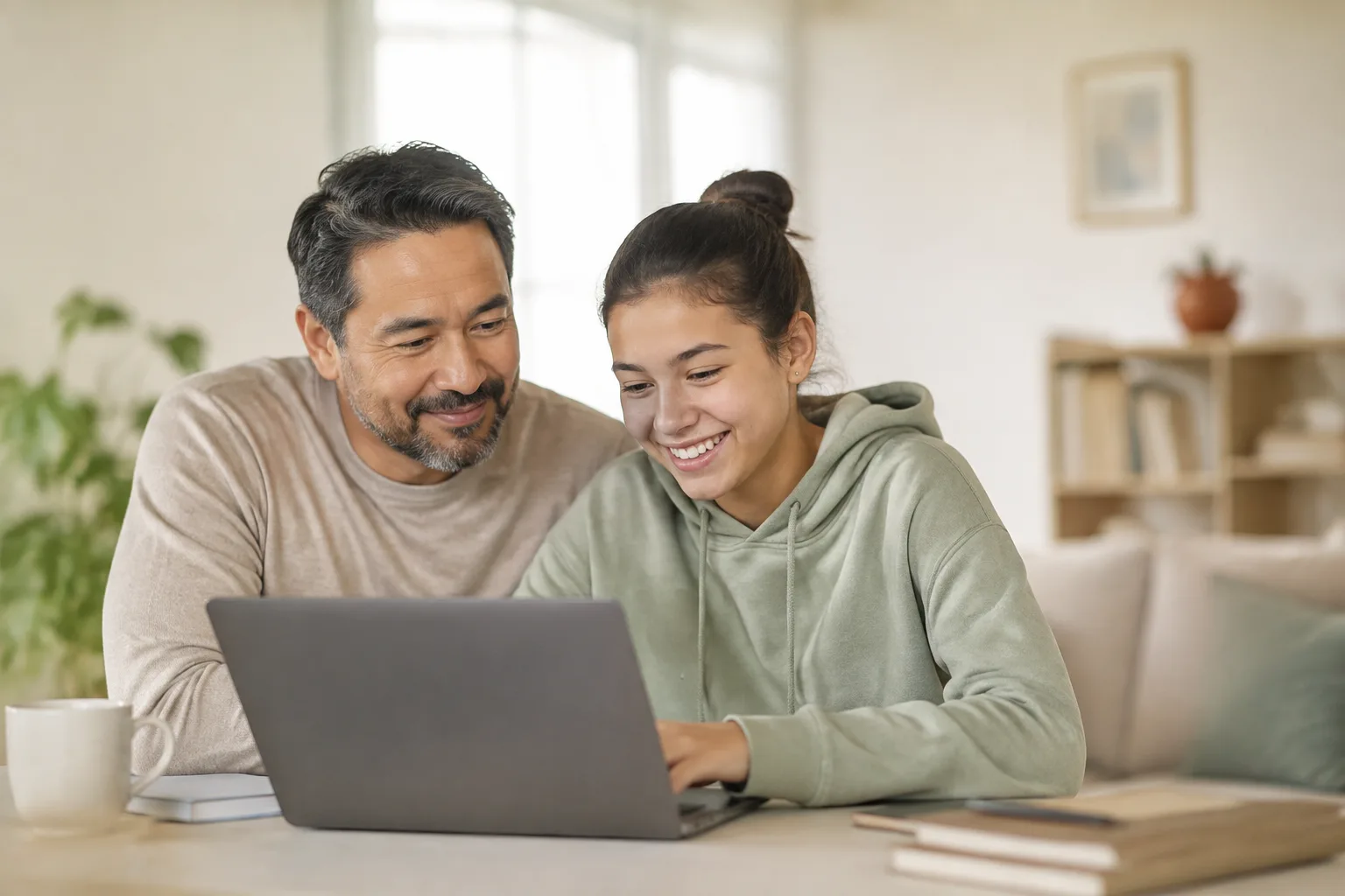 A parent sits beside their teenager at a laptop in a bright room, watching with an encouraging smile.