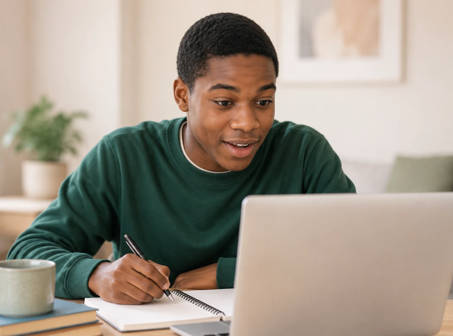 A student leans toward a laptop at a sunlit desk, smiling as something clicks.