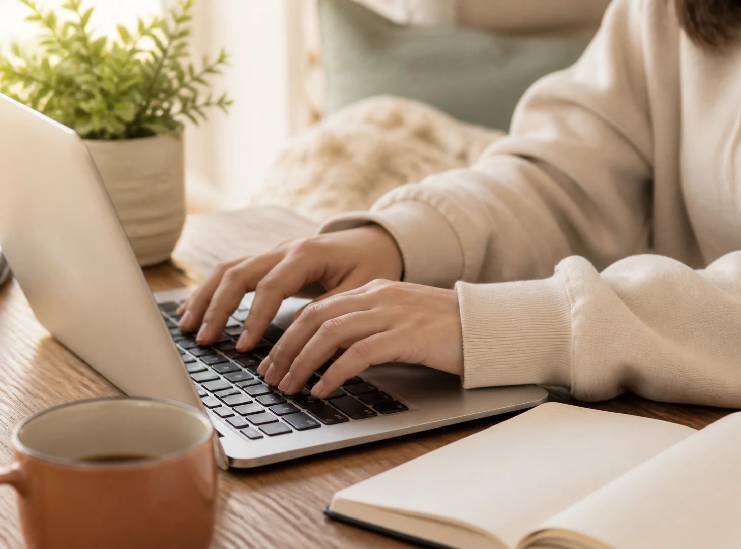 Hands typing unhurriedly at a laptop on a warm, uncluttered desk beside a mug and a plant.