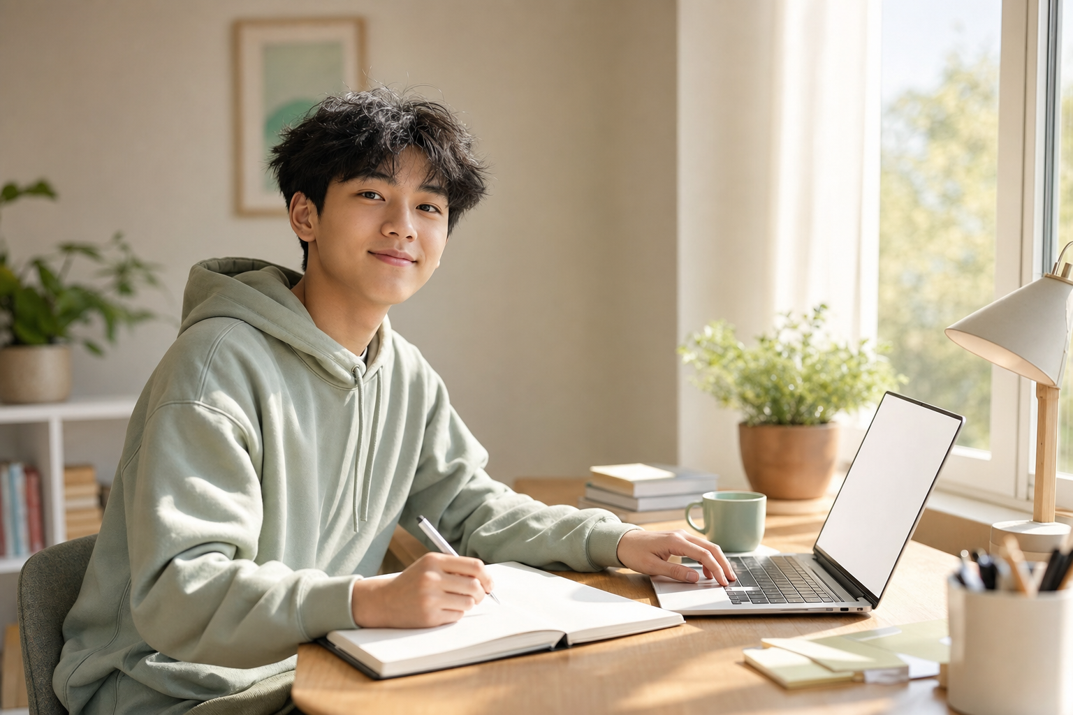 A teen sits down to start a study session by a sunlit window — calm, hopeful, ready to begin.