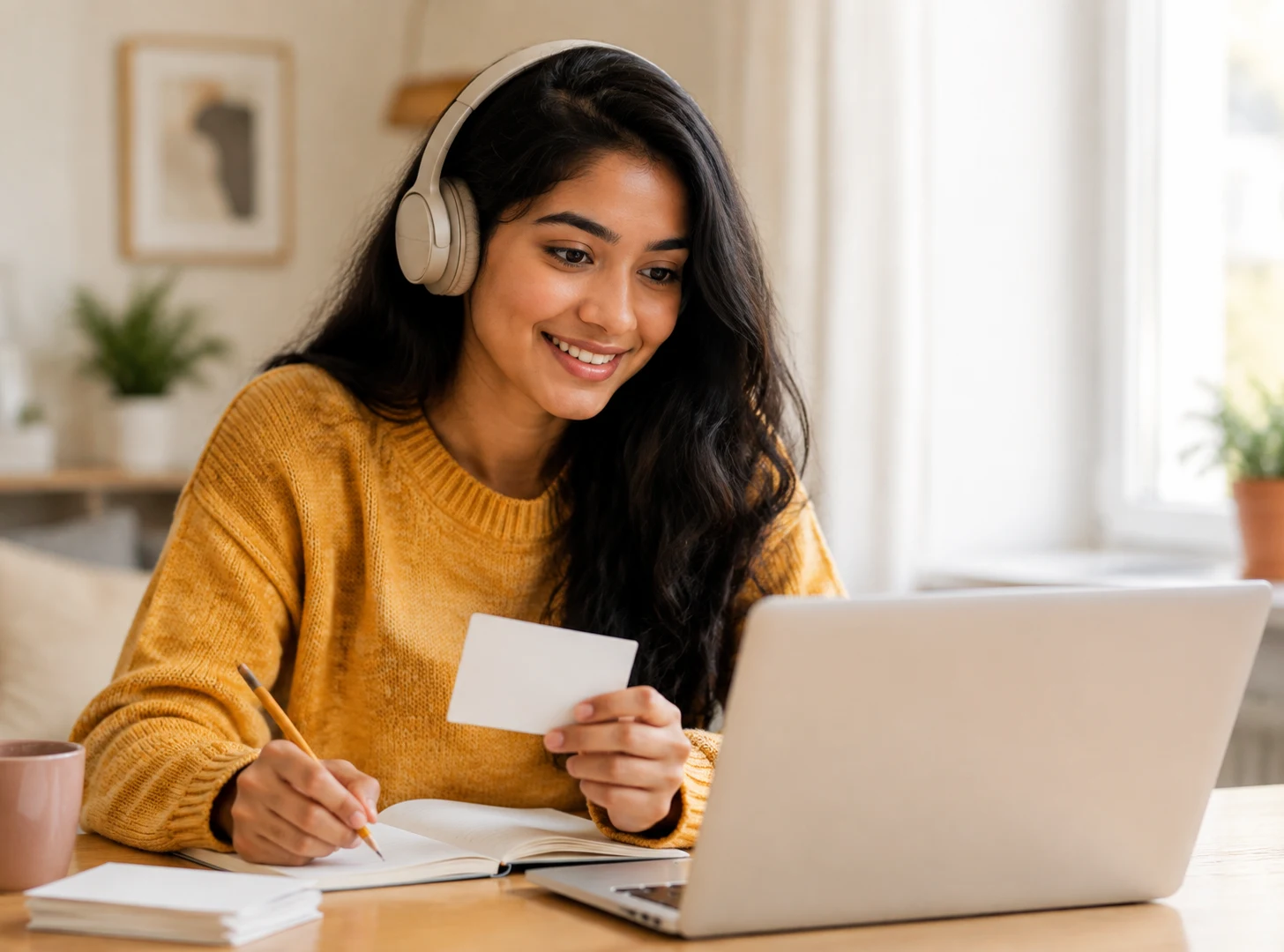 A student in headphones reviews a lesson at a sunlit desk, a fan of blank index cards beside her laptop.