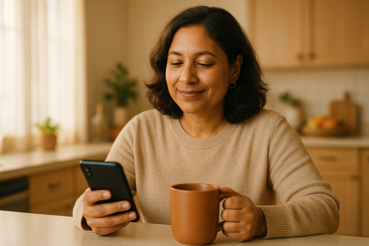 A parent relaxes at home, glancing at a phone with a calm, proud smile — checking in without hovering.