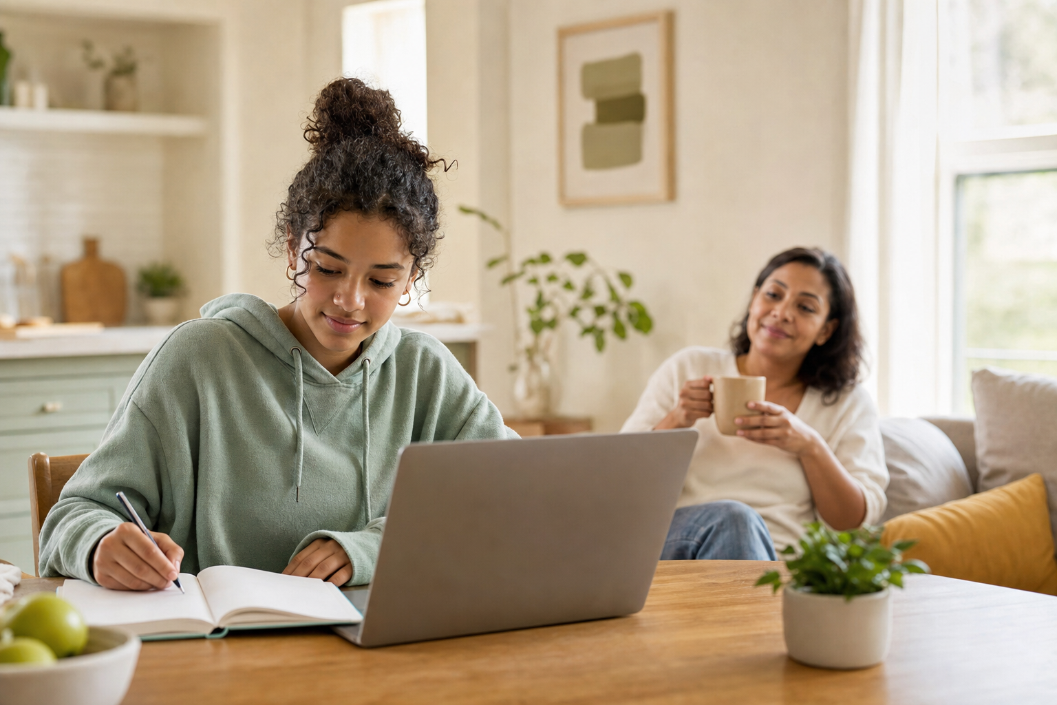 A teen studies calmly at home while a parent offers quiet, non-intrusive support nearby.