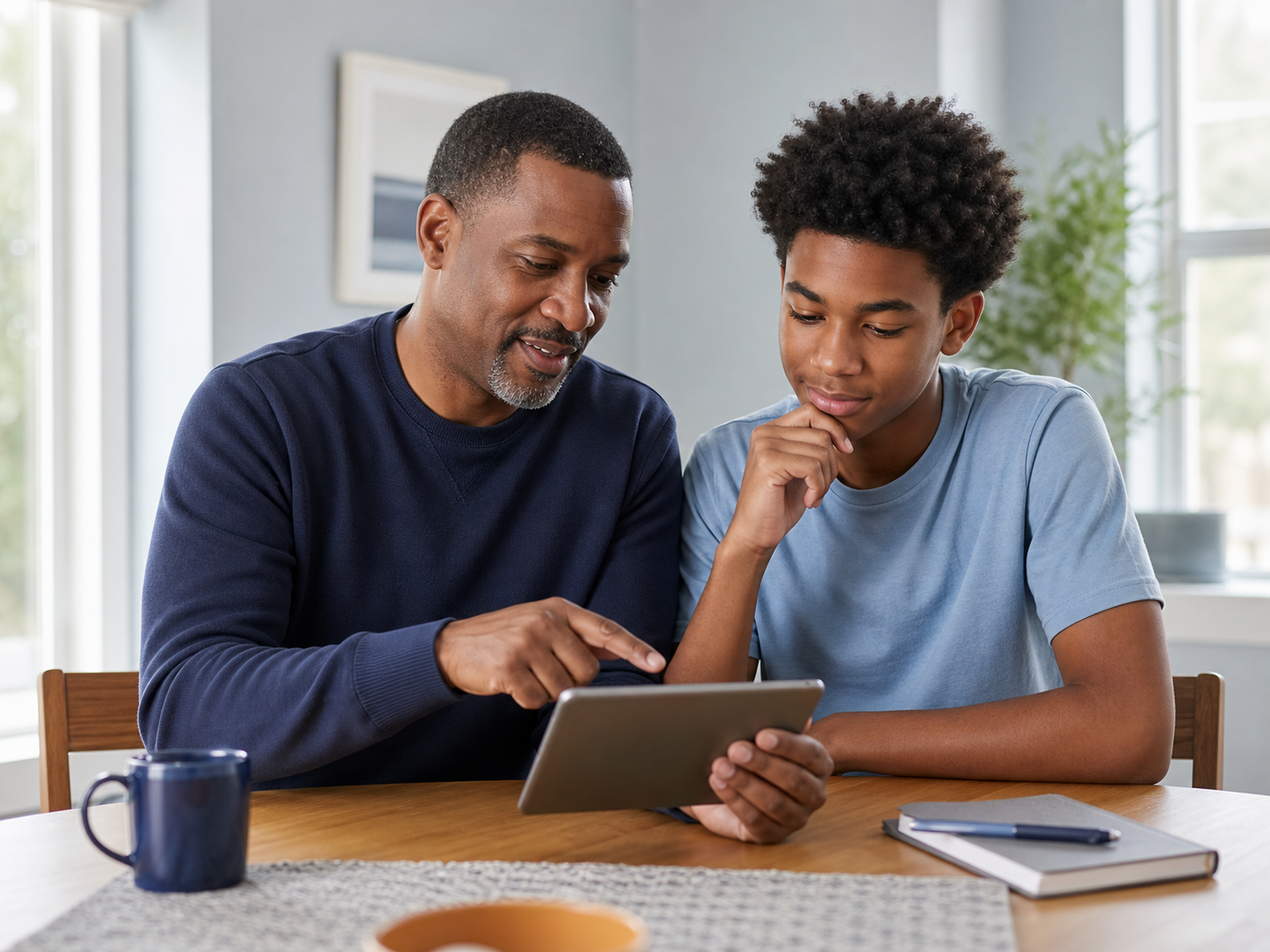A father and teenage son review a study plan together on a tablet in a bright, calm room.