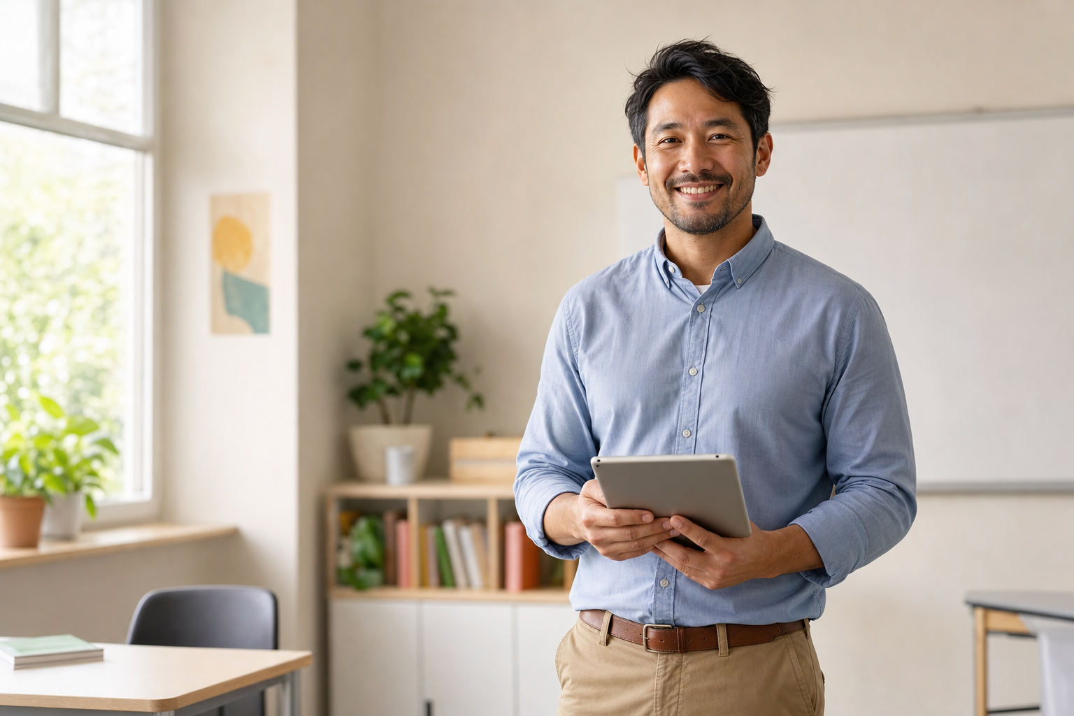 A friendly teacher holds a tablet in a bright, calm classroom.