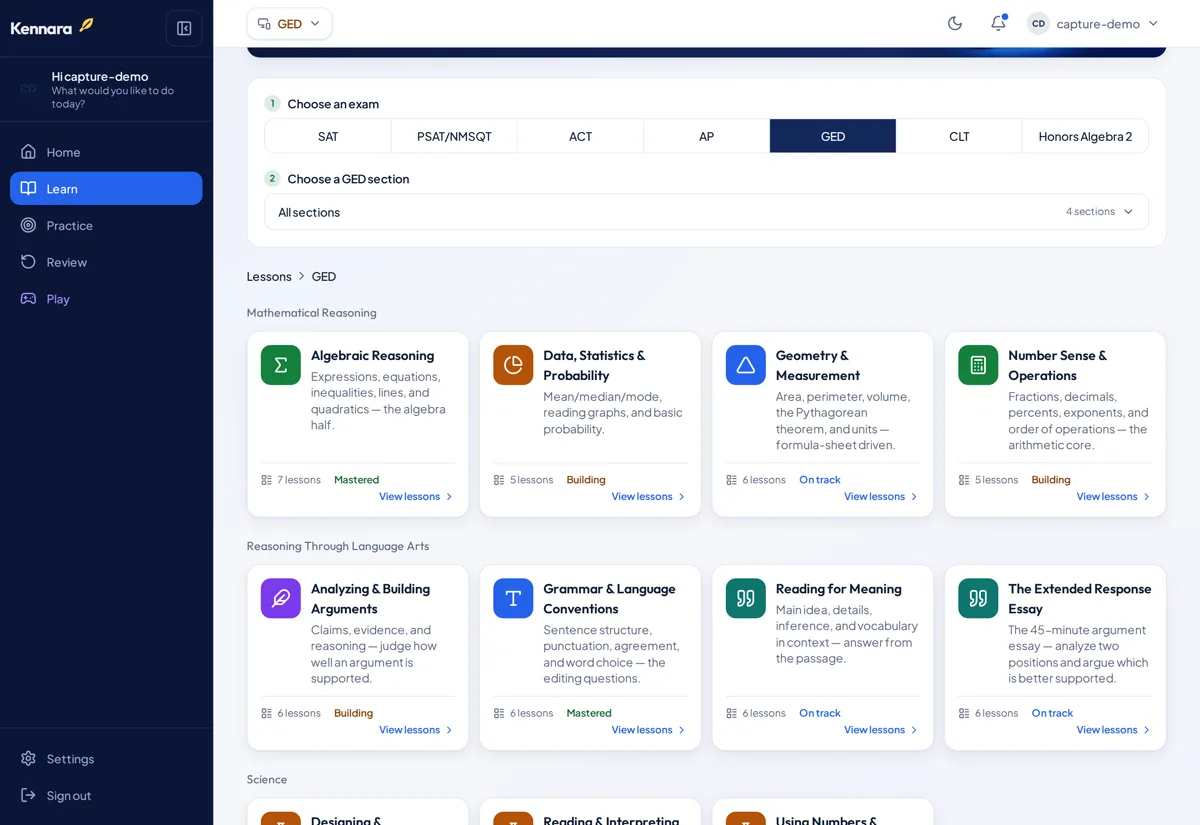 The Kennara learn screen for the GED