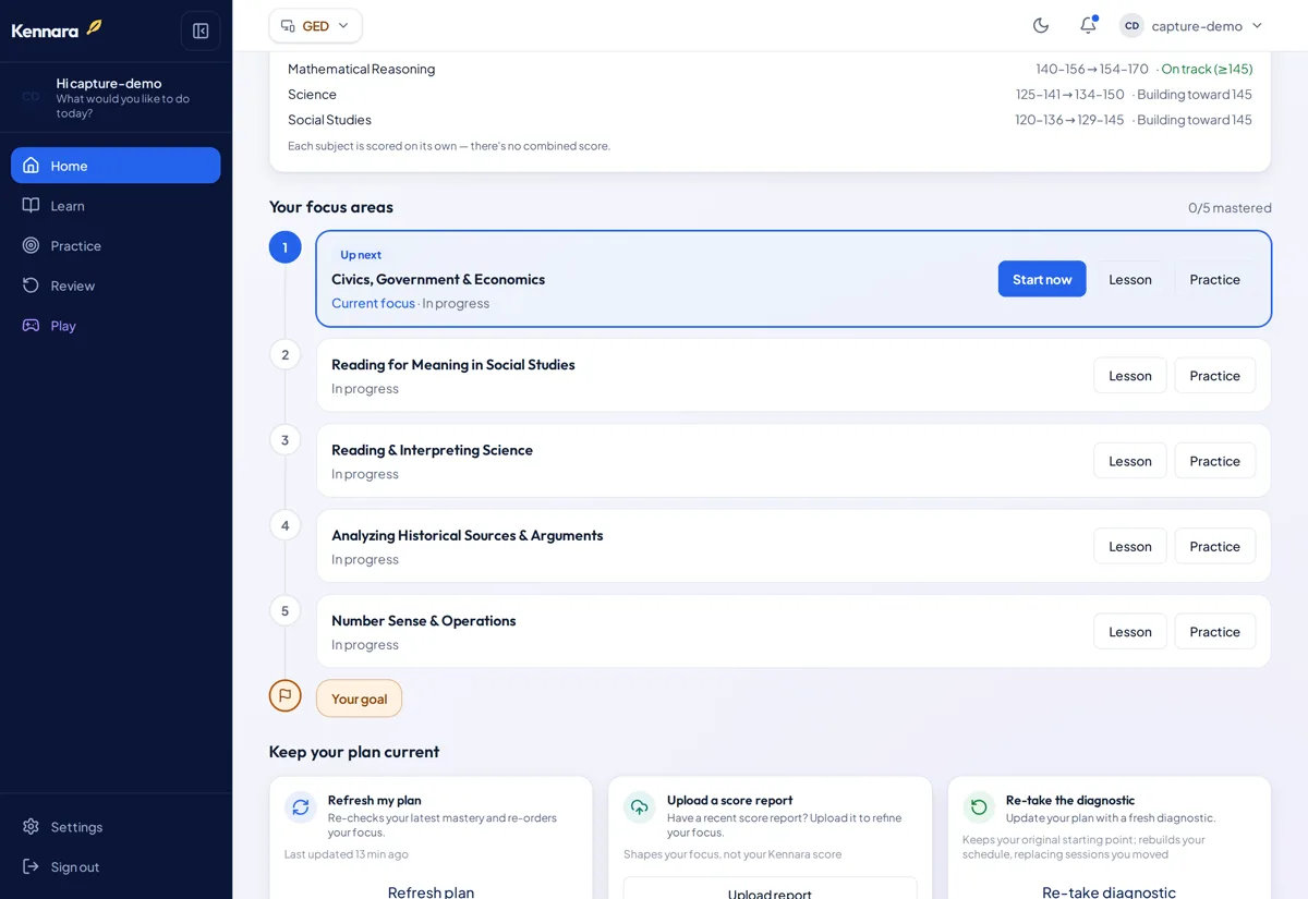 The Kennara plan screen for the GED