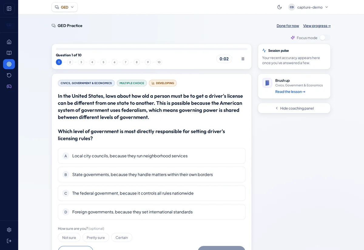 The Kennara practice screen for the GED