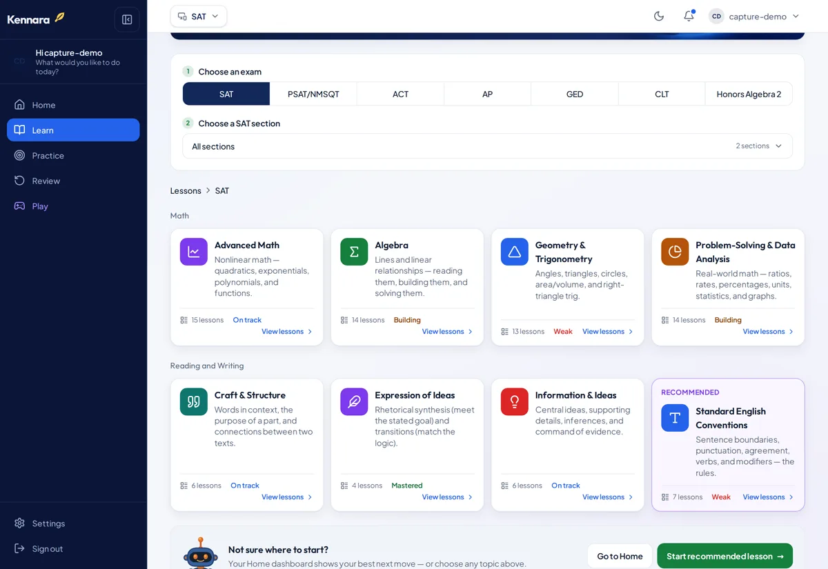 The Kennara learn screen for the SAT