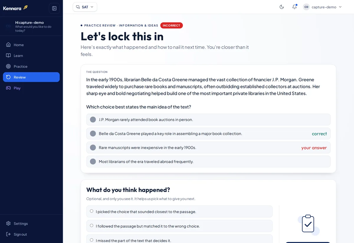Example of Kennara's explainer: what the question was really asking, the pitfall, and the worked fix.