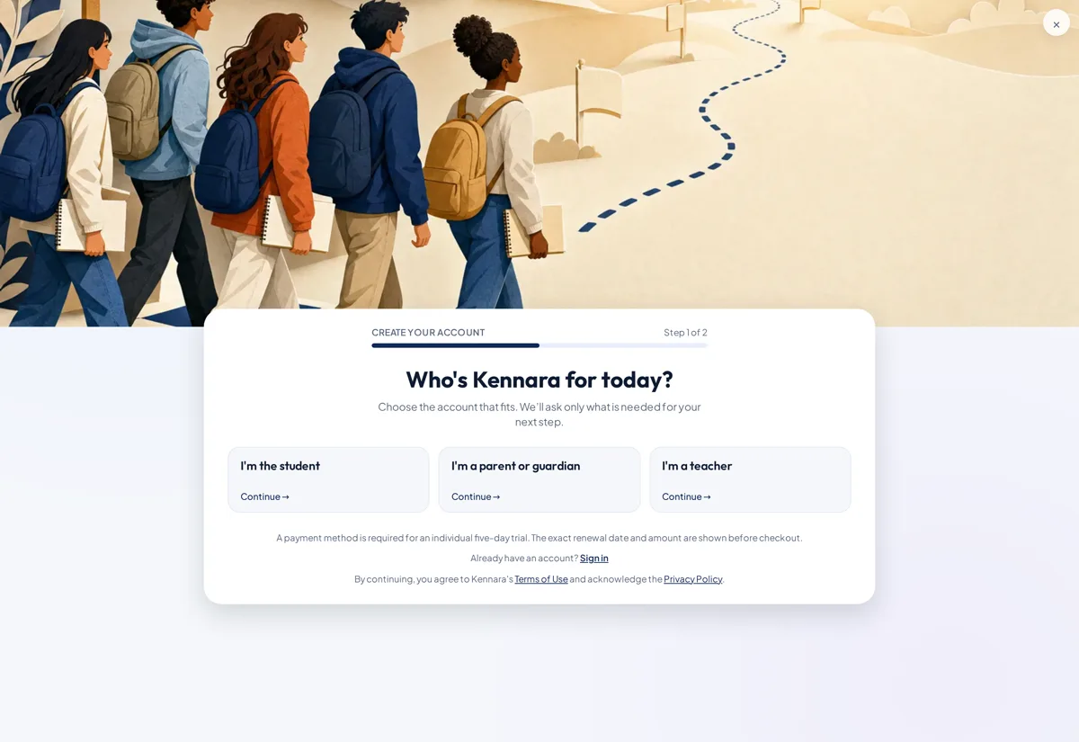 Example of Kennara's onboarding — choosing your exam to begin your study journey.