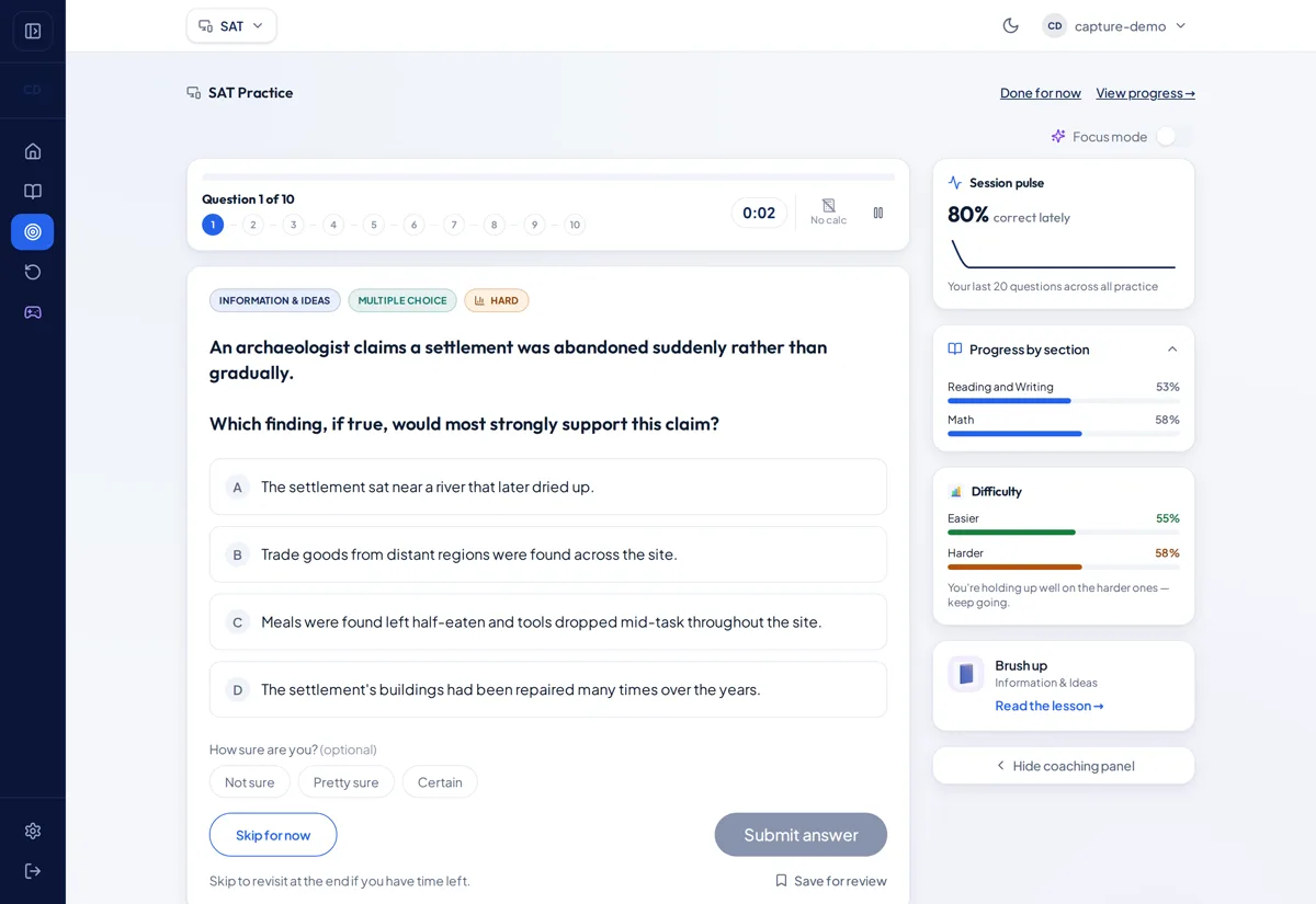 Example of Kennara's practice window serving a verified question with its coaching panel.