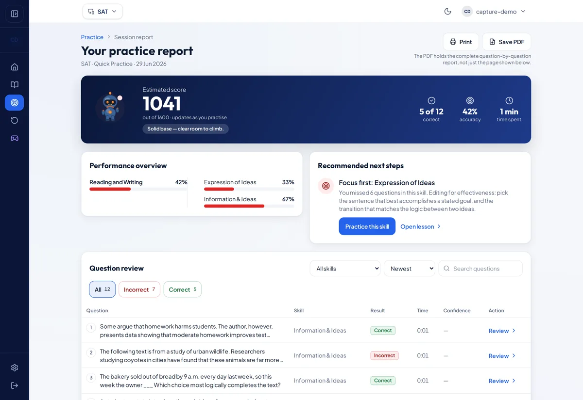 Example of Kennara's end-of-session report — your score, how it adapted, and where to focus.